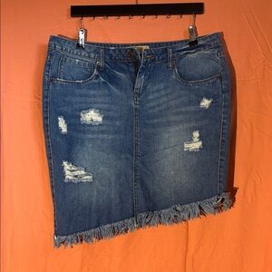 Hybrid & Company Asymmetrical Denim Skirt with Frayed Hem